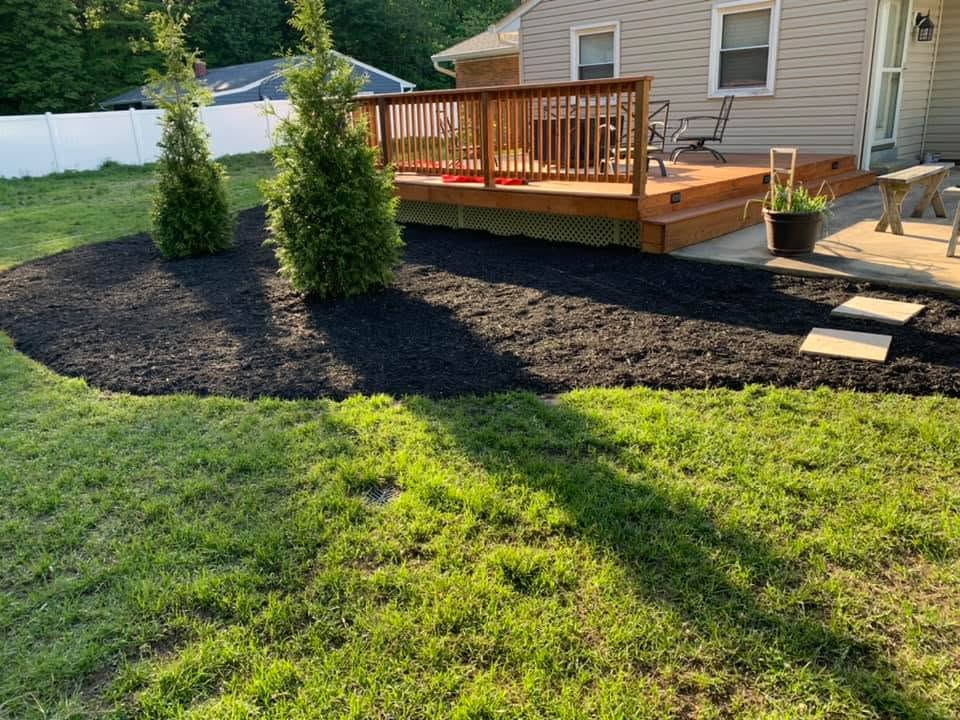 Mulched garden bed with young shrubs beside a lawn and timber deck